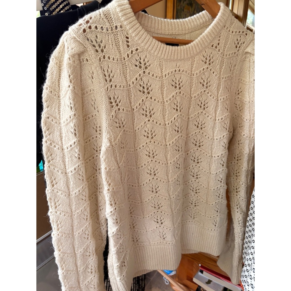 Gap Cream Ivory Pointelle Knit Wool Blend Puff Sleeve Cozy Boho Sweater Sz M